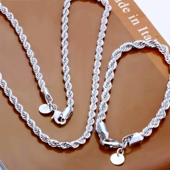 Men's Silver Rope 24" Chain and 8" Bracelet Combo Stamped 925 Solid Sterling